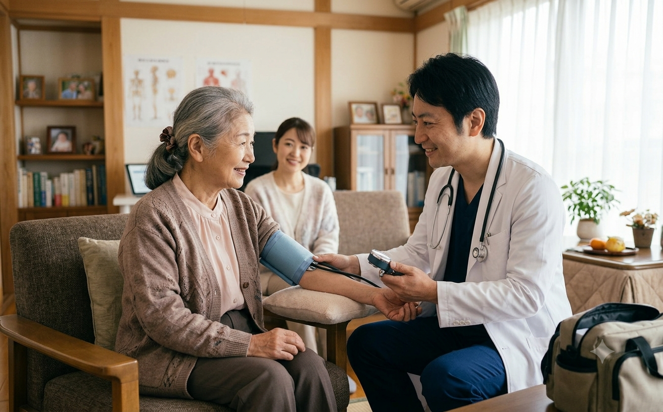 在宅で血圧を測定する医師